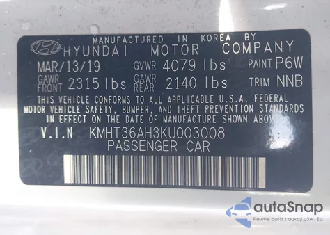 2019 Hyundai Veloster N z USA, uszkodzony, nr VIN KMHT36AH3KU003008